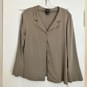 Eileen Fisher Silk Notch Collar Button Down Shirt M Taupe